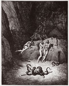 Božská komedie (La Divina Commedia, La Divine Comedie), Inferno, Canto 25: Agnello proměňující se v hada - Dante Alighieri (1265-1321) - Ilustrace Gustave Dore (1832-1883) od Gustave Dore