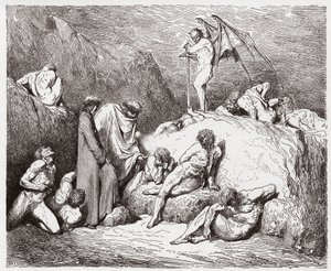 Božská komedie (La Divina Commedia, La Divine Comedie), Purgatorio, Canto 3: Společnost duší na útesu - Dante Alighieri (1265-1321) - Ilustrace Gustave Dore (1832-1883) od Gustave Dore