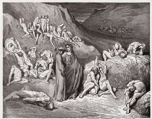 Božská komedie (La Divina Commedia, La Divine Comedie), Inferno, Canto 29: Falzifikátoři a padělatelé sužovaní svěděním - Dante Alighieri (1265-1321) - Ilustrace Gustave Dore (1832-1883) od Gustave Dore