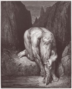 Božská komedie (La Divina Commedia, La Divine Comedie), Inferno, Canto 31: Obr Antaeus spouští Danta a Virgila do posledního kruhu - od Dante Alighieri (1265-1321) - Ilustrace Gustave Dore (1832-1883) od Gustave Dore