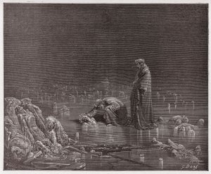 Božská komedie (La Divina Commedia, La Divine Comedie), Inferno, Canto 32: Dante oslovuje zrádce Bocca degli Abati - od Dante Alighieri (1265-1321) - ilustrace Gustave Dore (1832-1883) od Gustave Dore
