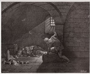 Božská komedie (La Divina Commedia, La Divine Comedie), Inferno, Canto 33: Ugolino v cele se svými čtyřmi mrtvými syny - Dante Alighieri (1265-1321) - Ilustrace Gustave Dore (1832-1883) od Gustave Dore