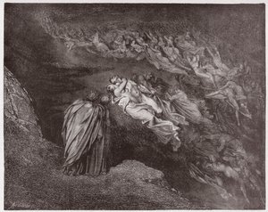 Božská komedie (La Divina Commedia, La Divine Comedie), Inferno, Canto 5: Duše Francescy promlouvá k Dantemu - od Dante Alighieri (1265-1321) - Ilustrace Gustave Dore (1832-1883) od Gustave Dore