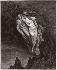 Božská komedie (La Divina Commedia, La Divine Comedie), Inferno, Canto 5: Duše Paola a Francescy - od Dante Alighieri (1265-1321) - ilustrace Gustave Dore (1832-1883) od Gustave Dore