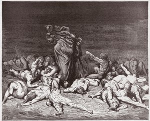 Božská komedie (La Divina Commedia, La Divine Comedie), Inferno, Canto 6: Lakomci bičovaní věčným deštěm - Dante Alighieri (1265-1321) - Ilustrace Gustave Dore (1832-1883) od Gustave Dore