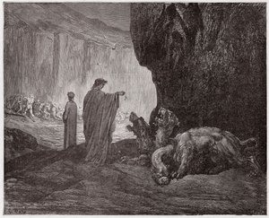 Božská komedie (La Divina Commedia, La Divine Comedie), Inferno, Canto 6: Virgil krmí Cerbera ve třetím kruhu - Dante Alighieri (1265-1321) - Ilustrace Gustave Dore (1832-1883) od Gustave Dore