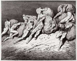 Božská komedie (La Divina Commedia, La Divine Comedie), Inferno, Canto 7: Duše lakomých a marnotratných přinucených válet těžké kameny - Dante Alighieri (1265-1321) - Ilustrace Gustave Dore (1832-1883) od Gustave Dore