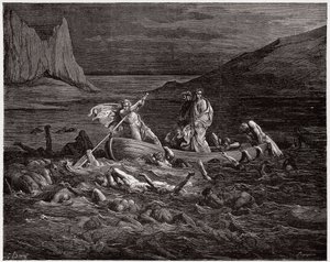 Božská komedie (La Divina Commedia, La Divine Comedie), Inferno, Canto 8: Phlegyas převozy Danteho a Virgila přes Styx - od Dante Alighieri (1265-1321) - ilustrace Gustave Dore (1832-1883) od Gustave Dore
