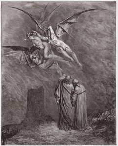 Božská komedie (La Divina Commedia, La Divine Comedie), Inferno, Canto 9: Hrozný Erinyes: Megaera, Tisphone, Alecto - Dante Alighieri (1265-1321) - Ilustrace Gustave Dore (1832-1883) od Gustave Dore