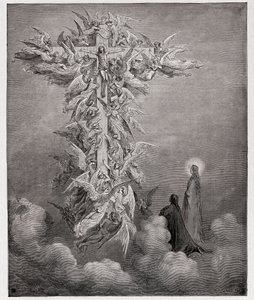 Božská komedie (La Divina Commedia, La Divine Comedie), Paradiso, Canto 14: Dante a Beatrice vidí anděly s Kristem na kříži - Dante Alighieri (1265-1321) - Ilustrace Gustave Dore (1832-1883) od Gustave Dore
