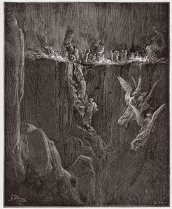 Božská komedie (La Divina Commedia, La Božská komedie), Purgatorio, Canto 25: Virgil a Dante stoupají do sedmého kruhu skrze plameny - od Dante Alighieri (1265-1321) - ilustrace Gustave Dore (1832-1883) od Gustave Dore