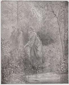 Božská komedie (La Divina Commedia, La Divine Comedie), Purgatorio, Canto 27: Dantův sen o Leah na louce - od Dante Alighieri (1265-1321) - ilustrace Gustave Dore (1832-1883) od Gustave Dore