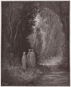 Božská komedie (La Divina Commedia, La Divine Comedie), Purgatorio, Canto 28: Dante, Virgil a Statius ve starověkém lese pozemského ráje - Dante Alighieri (1265-1321) - Ilustrace Gustave Dore (1832-1883 ) od Gustave Dore