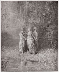 Božská komedie (La Divina Commedia, La Divine Comedie), Purgatorio, Canto 29: Charity, Hope, and Faith - od Dante Alighieri (1265-1321) - ilustrace Gustave Dore (1832-1883) od Gustave Dore