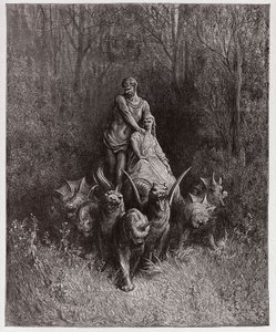Božská komedie (La Divina Commedia, La Divine Comedie), Purgatorio, Canto 32: Obr a nevěstka ve voze - Dante Alighieri (1265-1321) - Ilustrace Gustave Dore (1832-1883) od Gustave Dore