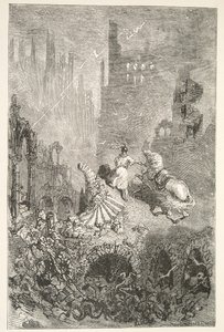 Pád hradu krále Pellamse, z Příběhů dnů krále Artuše od Charlese Henryho Hansona, pub.1898 od Gustave Dore