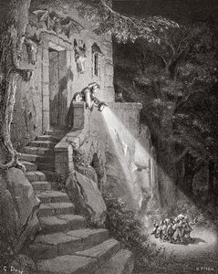 The Dwelling of the Ogre, vyrytý Heliodorem Josephem Pisanem (1822-90) kolem roku 1868 od Gustave Dore