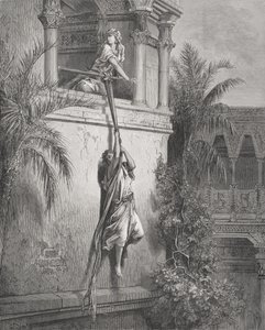 Útěk Davida oknem, ilustrace z Dore