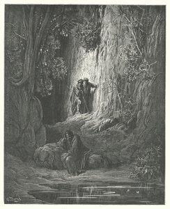 La Fontainovy bajky: (rytina): Rozhodčí, almužník a poustevník od Gustave Dore