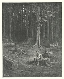 La Fontainovy bajky: Les a lesní muž (rytina) od Gustave Dore