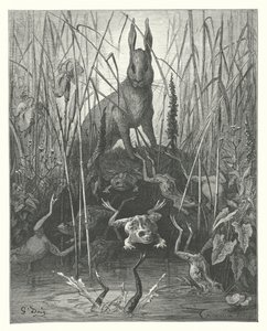 La Fontainovy bajky: (rytina): Zajíc a žáby. od Gustave Dore
