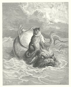 La Fontainovy bajky: (rytina): Opice a delfín od Gustave Dore