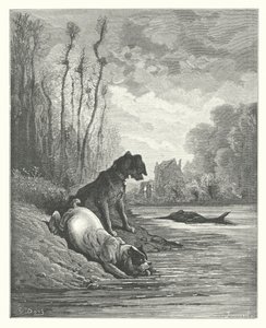 La Fontainovy bajky: (rytina): Dva psi a mrtvý osel od Gustave Dore