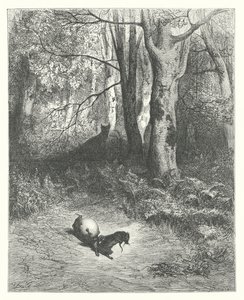 La Fontainovy bajky: (rytina): Dvě krysy, liška a vejce. od Gustave Dore