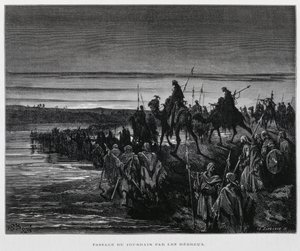 Vstup hebrejských kmenů do Kanaánu přes řeku Jordán, Ilustrace z Doreho Bible. od Gustave Dore