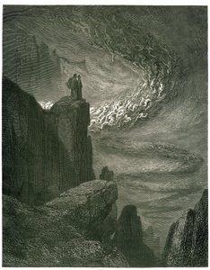 Peklo Dante Alighieri (Božská komedie) ilustrované Gustavem Dorem. Francouzské vydání z roku 1861. „Pekelná bouře, která nikdy nezůstane/Zanechá duchy svou loupeží. (Pekelný hurikán, který se nikdy nezastaví, vtahuje duchy do svého víru)“, od Gustave Dore