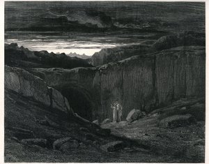 Peklo Danta Alighieriho (Božská komedie) s ilustracemi Gustava Dora. Francouzské vydání z roku 1861. Dante a Vergilius při vstupu do Pekla:" Lasciate ogni speranza, voi che 