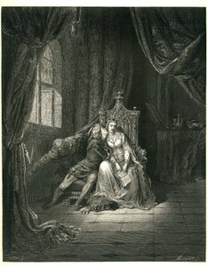 Peklo Danta Alighieriho (Božská komedie) s ilustracemi Gustava Doreho. Francouzské vydání z roku 1861. Francesca da Rimini a její milenec: "Quel giorno piu non vi leggemo avante. (Tento den nečteme dál)", zpěv 5. v. 138 od Gustave Dore