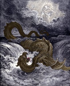 Leviatan, mořská příšera připomínající mořského hada, o kterém se mluví v Bibli. Ilustrace Bible od Gustava Dorea. Rytina 19. století. od Gustave Dore