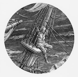 Námořník ve vzduchu v lejnu lodi, scéna z filmu The Rime of the Ancient Mariner od S.T. Coleridge, vydal Harper und Brothers, New York, 1876 (dřevoryt) od Gustave Dore