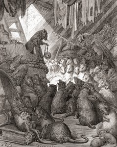 The Mice in Council, známé také pod názvy „Belling the Cat“ a „The Bell and the Cat“, z vydání „Fables de La Fontaine“ z konce 19. století (dřevoryt) od Gustave Dore