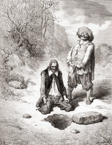 Lakomec, který ztratil poklad, z vydání Fables de La Fontaine z konce 19. století (dřevorytina)