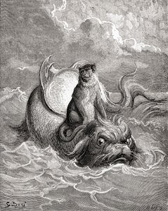 Opice a delfín podle díla Gustava Doreho pro pohádku La Fontaine. Z knihy Život a vzpomínky Gustava Doreho, vydané roku 1885. od Gustave Dore