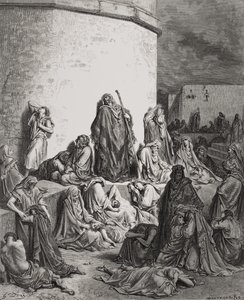 Lidé truchlí nad ruinami Jeruzaléma, ilustrace Pláč 1:1-2 z Doreovy „Svaté bible“, vyryl A. Bertrand 1866 od Gustave Dore