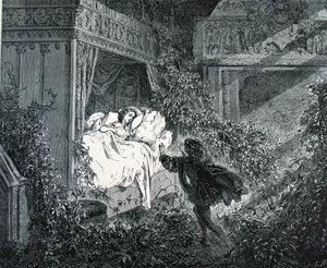 Princ přichází do princezniny ložnice na začarovaném zámku, ilustrace k „Šípkové Růžence“ od Charlese Perraulta (1628-1703) od Gustave Dore