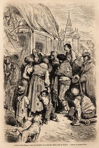 Příjezd pilnosti do hotelu v Santa Cruz de modela (provincie Mancha), napadený žebráky volajícími o almone. Kresba Gustava Dorea (1832-1883). Rytina k ilustraci plavby ve Španělsku v roce 1862 od Charlese Davilliera a Gustava Dorea, v od Gustave Dore