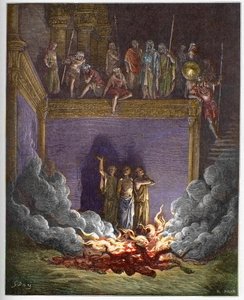 Hořící pec (tři babylonské děti, tři mladí Hebrejci nebo tři mladíci) Ananiáš, Azariáš a Misael se srazí v hořící peci, protože se odmítají poklonit před sochou babylonského krále - Tři mladí muži v od Gustave Dore