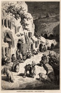 Jeskyně (podzemní domy) cikánů, v Sacro Monte, v Granadě. Kresba Gustava Dorea (1832-1883) k ilustraci jeho cesty do Španělska v roce 1862 v doprovodu Ch.Davilliera. Rytina v „“Le tour du monde““, editoval Edouard Charton od Gustave Dore