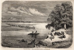 Přeplavení řeky Colorado na voru, doprovázené některými indiány Mohaves, kresba Gustave Dore (1832-1883), pro ilustraci plavby Mississippi do Tichého oceánu v letech 1853-54 Baudouinem Mollhausenem (1825-1905). Rytina „“ Le tour du od Gustave Dore