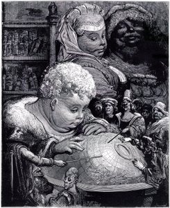 Vzdělávání Gargantua: obr, dítě, studuje zeměkouli se svými učiteli, pod očima svých rodičů od Gustave Dore