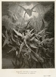 Pád andělů, scéna ze Ztraceného ráje od Johna Miltona (1608-1674), ilustrace Gustave Dore