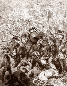 Boj proti mezkům z Yanguas Rytina Gustava Dorea (1832-1883) pro „The Ingenieux Hidalgo Don Quixotte de la Manche (Quixotte – Quijote)“ od Miguela de Cervantese (1547-1616) 1863 Soukromá sbírka od Gustave Dore