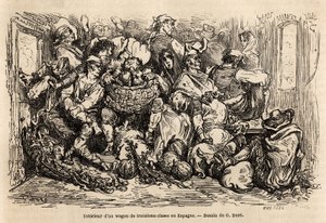 Interiér vozu třetí třídy ve Španělsku, kresba Gustava Dorea (1832-1883), pro ilustraci jeho cesty do Španělska s C. Davillierem v roce 1862. Rytina „“ Le tour du monde ““, editoval Edouard Charton od Gustave Dore
