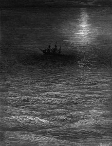 Opuštěná loď v měsíčním moři, scéna z filmu The Rime of the Ancient Mariner od S.T. Coleridge, publikoval Harper und Brothers, New York, 1876 (wwod rytina) od Gustave Dore