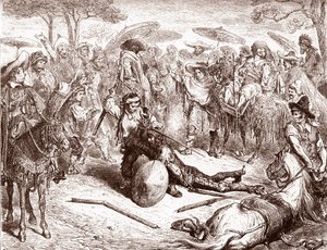 Obchodníci z Toleda se dívají na jeden z jejich řidičů mezek Beats Don Quixote Graving od Gustave Dore (1832-1883) pro „The Ingenieux Hidalgo Don Quixote Quixote“ od Miguel de Cervantes (1547-1616)) 1863) 1863) 1863) 1863) 1863) 1863) 1863) 1863) 1863) 186 od Gustave Dore