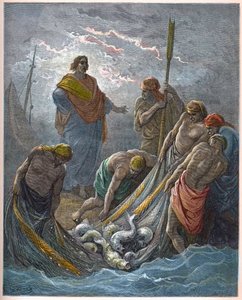 Zázračný návrh ryb - Miraculous Fishing - - Rytina v „The Bible illustree“ od Gustava Dore (1832-1883) - Rytina z „“ The Dore Bible““ od Gustave Dore